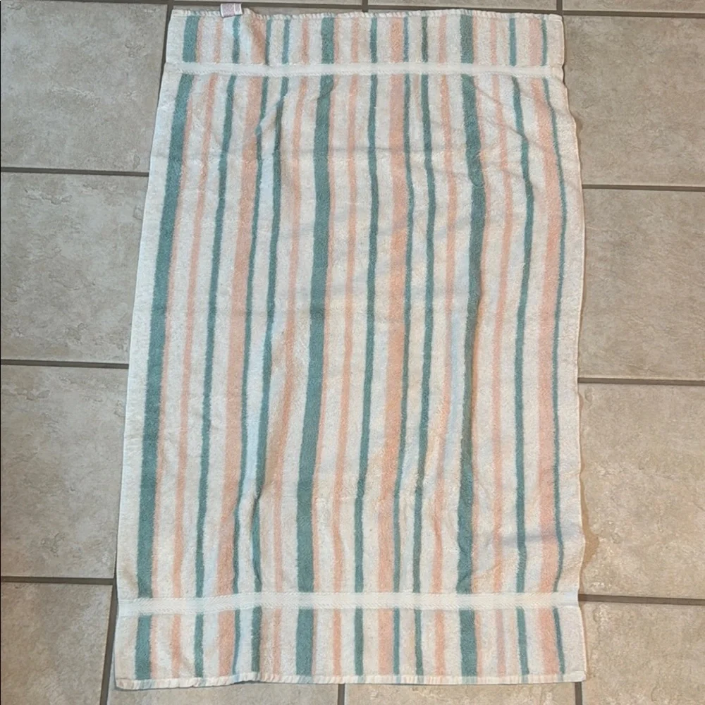 Caress Striped Vintage Towel in White, Peach, and Teal Cotton